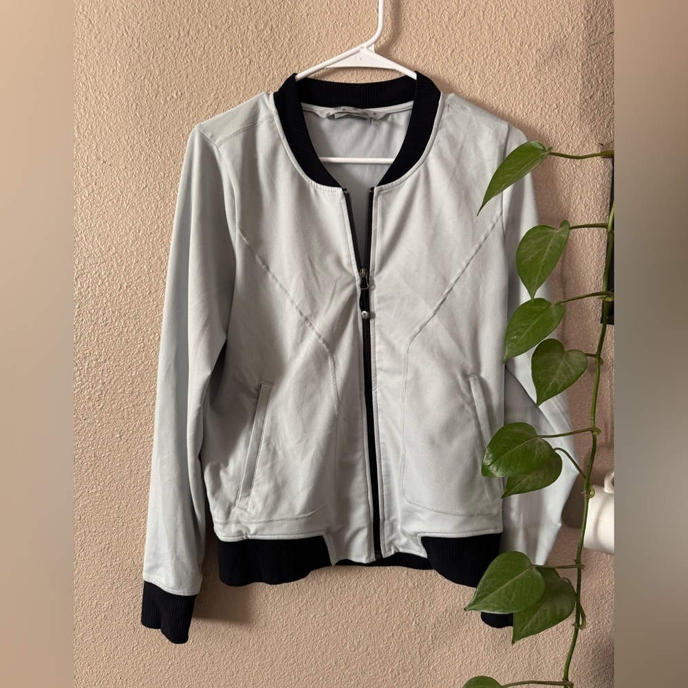Athleta Women Gray Athleisure Bomber Track Jacket Black Zip Pockets